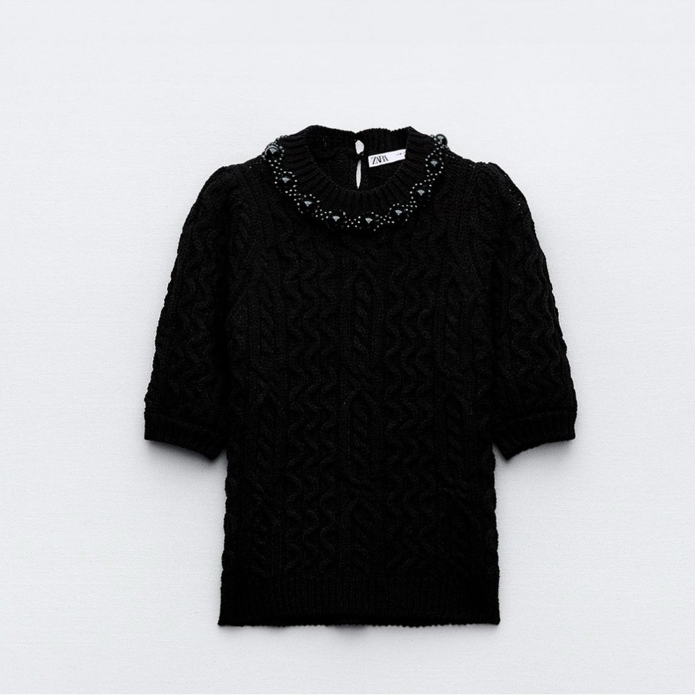 Zara High Collar Cable Knit Sweater with Beads and Short Sleeves
